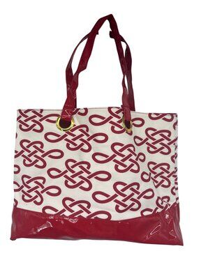 Estée Lauder Red Geometric Celtic Knot Canvas Tote Bag Patent Leather Trim Gift